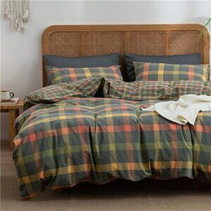 Twin XL Plaid Duvet Cover Set Orange Grey Green Gingham Bedding
